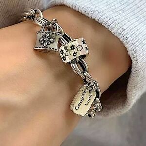 Sterling Silver Lock Charm Chain Link Good Luck Bracelet